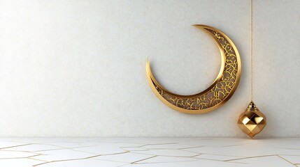 Poster - Ramadan Kareem celebration card 3D Arabic calligraphy geometric patterns and a golden crescent moon with text space on a simple elegant white background