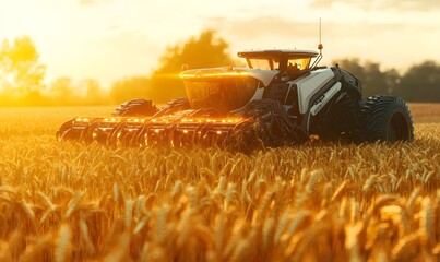 A robotic harvester performs precision wheat harvesting in a modern field. The advanced technology and mechanized equipment emphasize innovative solutions in automated farming.