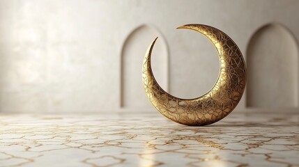 Poster - Ramadan Kareem celebration card 3D Arabic calligraphy geometric patterns and a golden crescent moon with text space on a simple elegant white background