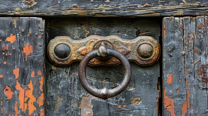 The striking door knocker, with its aged metal finish, rests against a beautifully weathered wooden surface, revealing vibrant layers of paint and history