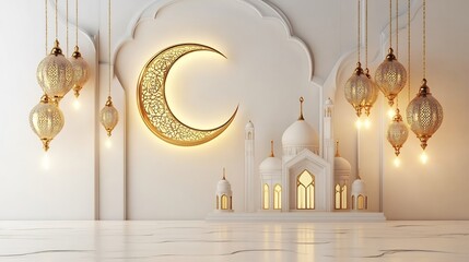Poster - Ramadan Kareem design featuring 3D golden crescent moon mosque silhouette hanging lanterns glowing softly with space for text on a minimalist white background