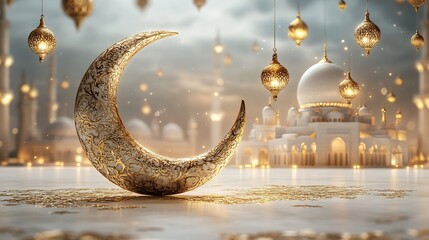Poster - Ramadan Kareem design a 3D golden crescent moon intricate lanterns hanging from the sky and an ornate mosque dome on a minimalist white background space for text on the right
