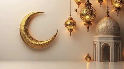 Poster - Ramadan Kareem design a 3D golden crescent moon intricate lanterns hanging from the sky and an ornate mosque dome on a minimalist white background space for text on the right