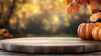 Sticker - A rustic wooden table with pumpkins and autumn leaves in a blurred outdoor background.