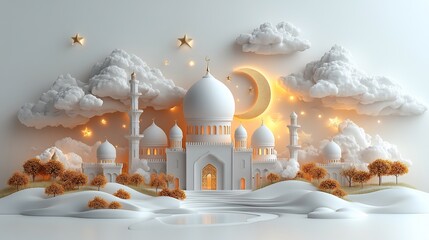 Poster - Ramadan Kareem design a 3D mosque dome crescent moon and stars with open space for personalized text on a clean minimalistic white background