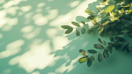 Wall Mural - A close-up of green leaves casting shadows on a soft mint background.