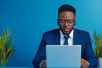 A man in a suit is sitting at a desk with a laptop open in front of him