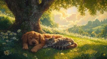 Wall Mural - A serene scene of a dog and cat resting together under a tree in a sunlit meadow.