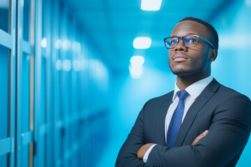 A man in a suit and tie stands in a hallway with his arms crossed