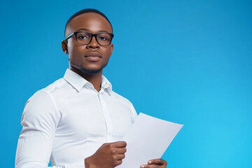 Canvas Print - A man wearing glasses and a white shirt is holding a piece of paper