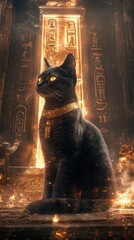 Wall Mural - The ancient Egyptian cat goddess, sitting regally in a temple with golden ornaments