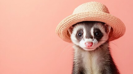 Poster - A cute ferret wearing a straw hat against a pink background.