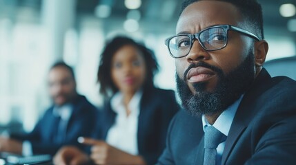 A determined professional in a suit is deeply engaged at a conference table, surrounded by colleagues, reflecting teamwork and modern business dynamics.