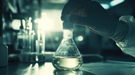 Poster - Gloved Hand Holding a Flask of Liquid in a Laboratory Setting