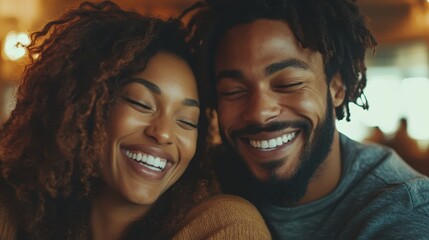 A close up of a joyful couple warmly smiling and relaxed, capturing an intimate and loving moment together with a warm and cozy atmosphere.