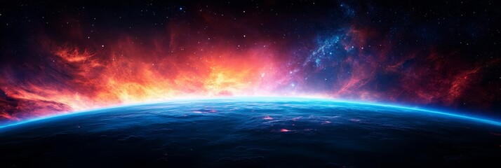 Wall Mural - a breathtaking view of a distant planet with a fiery sunrise and a swirling nebula, symbolizing the 