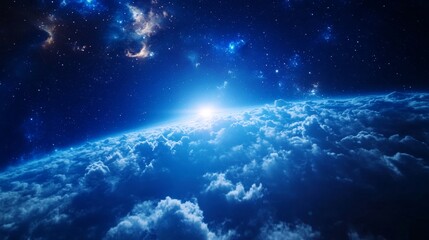 a breathtaking view of earth from space, showcasing a luminous horizon, vast clouds, and a celestial