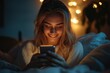 © Raool - Technology, bedtime and people concept. Happy woman using cellphone while sitting in bed at home at night and smiling at screen, Generative AI