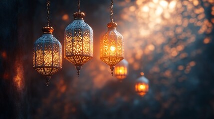 Fototapete - Rich Arabian background luxurious white and gold lanterns hanging on the left casting intricate shadows The design is elegant with plenty of space on the right for custom Ramadan messages