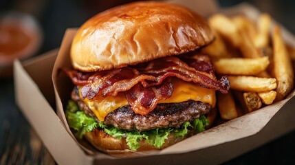 A delectable bacon cheeseburger loaded with fresh lettuce and perfectly melted cheese, served with crispy fries in a cardboard container. Ideal for burger enthusiasts.