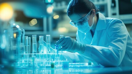 Poster - Female Scientist in a Lab Coat Working with Test Tubes and a Petri Dish