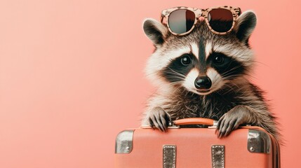 Sticker - A raccoon wearing sunglasses poses with a pink suitcase against a pastel background.