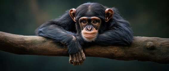 Wall Mural - A chimpanzee resting on a branch, showcasing its expressive face and relaxed demeanor.