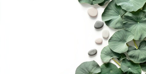 A serene arrangement of green leaves and smooth stones on a white background.