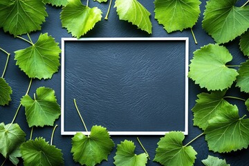 Poster - A blank frame surrounded by green leaves on a dark background, ideal for nature-themed displays.