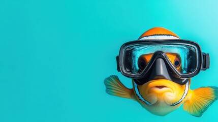 Canvas Print - A clownfish wearing a snorkel mask swims against a vibrant blue background.