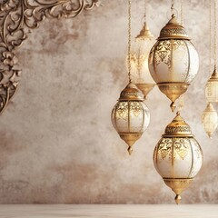 Fototapete - Stunning white gold lanterns hanging delicately on an elegant Arabian background adding a touch of luxury The right side offers plenty of space for text suitable for Ramadan celebrations