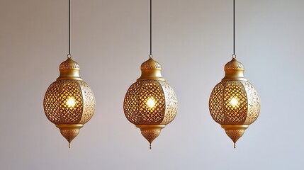 Poster - Three golden hanging lanterns of different sizes casting gentle light a pristine white background The delicate Islamic patterns enhance the peaceful mood of Ramadan Kareem