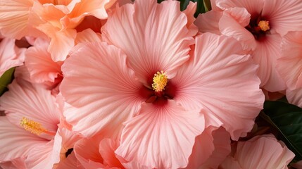 An artistic arrangement of pink hibiscus flowers displays dynamic floral beauty and elegance, with intricate petals and vivid colors in a creatively styled composition.