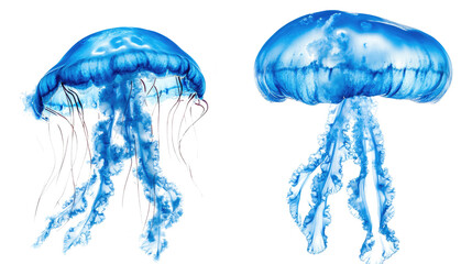 Poster - Pair of Blue Jellyfish Gracefully Floating Against a Clear Backdrop Generative AI