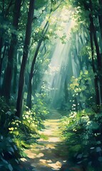 131. A tranquil forest scene with dappled sunlight