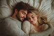 © Raool - Happy husband and wife sleeping in hug on bed, enjoy good cozy morning together in bedroom interior, top view. Lifestyle in comfort home, Generative AI