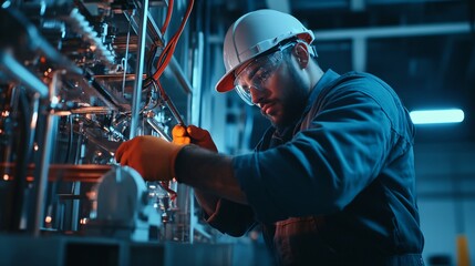 Poster - A worker in safety gear skillfully repairs machinery in a factory setting, showcasing dedication to industry and technical expertise.