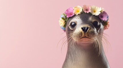 Poster - A seal wearing a floral crown against a pink background, exuding a playful and whimsical vibe.