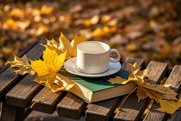 Autumn yellow maple leaves, white cup and green book on a vintage wooden bench
