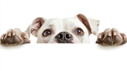 Wall Mural - A curious white dog peeks over a surface with its paws and expressive eyes.