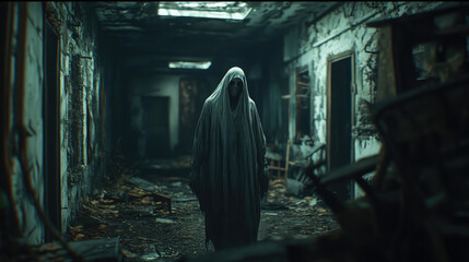 In the desolate interior of an abandoned factory, a ghost in a white robe lingers in the center of the walkway, its presence adding to the eerie, unsettling atmosphere.