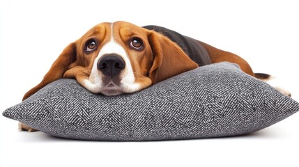 Poster - A beagle resting its head on a grey pillow, looking contemplative and relaxed.