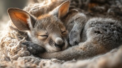 Wall Mural - A sleeping baby kangaroo curled up in a cozy, soft environment.