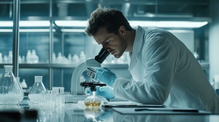 Poster - A Scientist Examining a Sample Under a Microscope in a Laboratory
