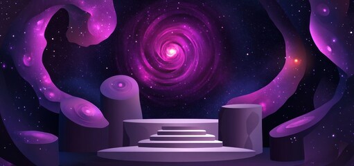 Wall Mural - a cosmic scene featuring a spiral galaxy with a mystical staircase in a vibrant space setting.