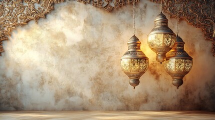 Poster - White gold ornate lanterns delicately hanging on a luxurious Arabian background The rich patterns enhance the atmosphere with space on the right for a message perfect for a Ramadan greeting card