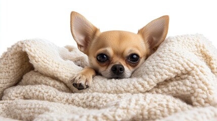 Poster - A small Chihuahua resting on a cozy blanket, showcasing its adorable features.