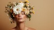 ©  Jovaduplex - A striking portrait of a model exuding confidence while adorned with a diverse floral crown set against a plain background, embodying nature's vibrant elegance.