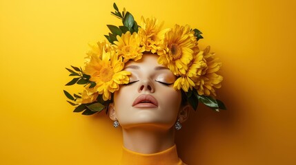 A captivating shot of a woman with a sunflower headpiece against a bold yellow backdrop, radiating joy and the warm allure of summer with a contemporary twist.