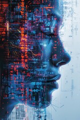Poster - a futuristic profile of a woman surrounded by digital codes and data patterns showcasing the interse